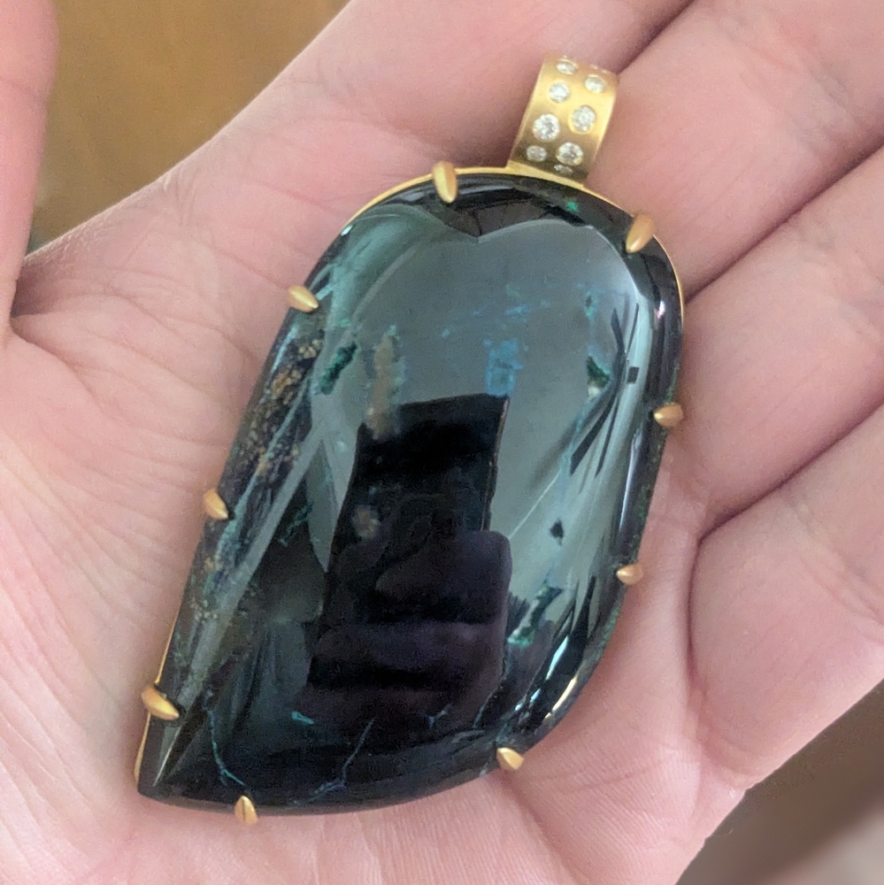 Amazing 10k Yellow Gold Diamond Bail Azurite Blue Gemstone Huge Pendant OOAK - Picture 11 of 16